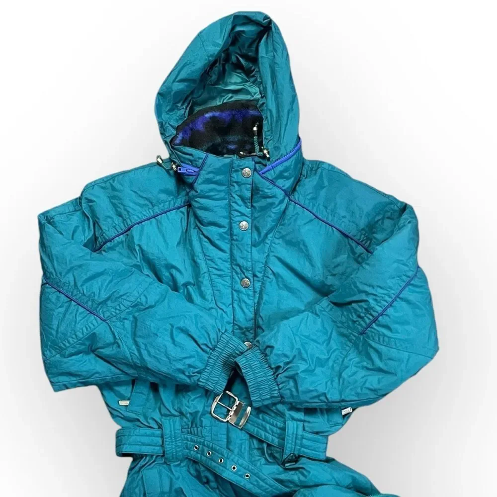 Vintage Women's Ski Suit 90’s. Snowsuit belted one-piece. skisuit snow jumpsuit